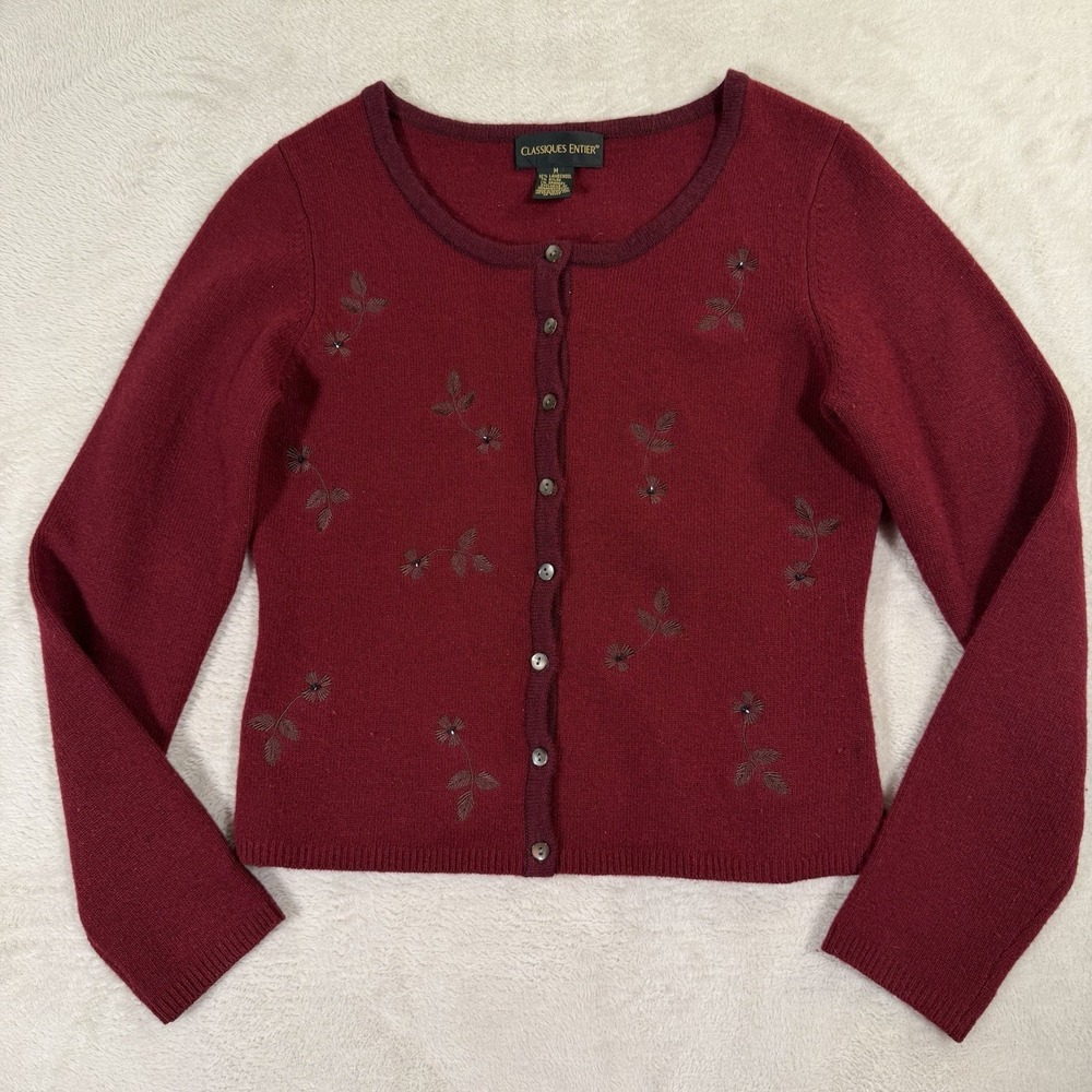 Classiques Entier Medium Lambswool‎ Embroidered Floral Cardigan Red Vintage